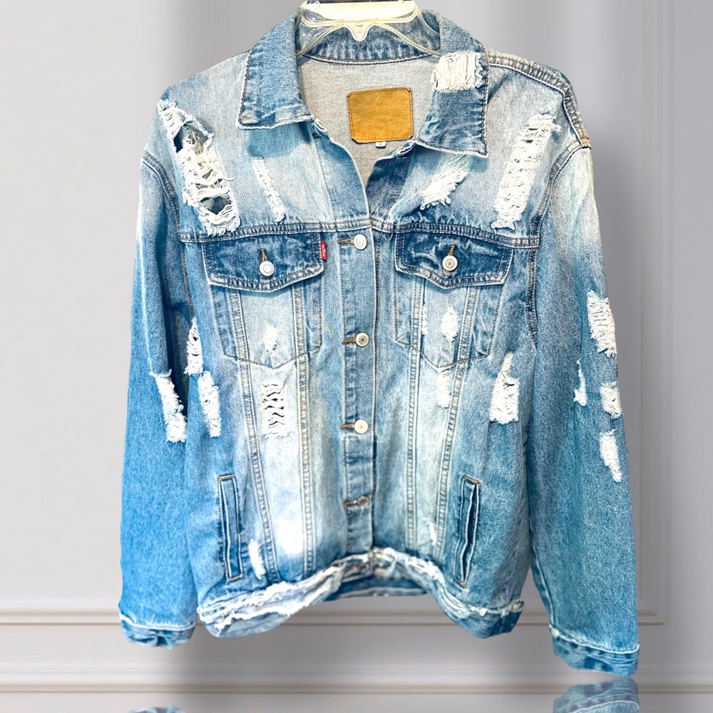 Jean Jacket - Distressed Denim - Size Small (Oversized)